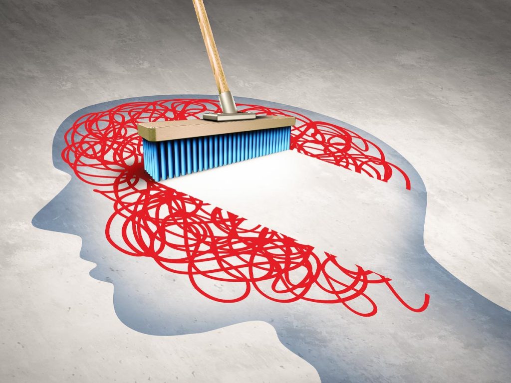 Illustration of a broom sweeping away an abstract representation of the mind inside the outline of a head.