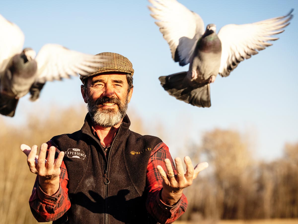 photo of senior man launching racing pigeons