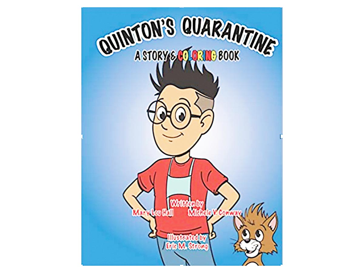 Quinton's Quarantine coloring book — illustration of a boy wearing glasses with hands on hips and a cat.