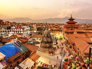 Arial view of Kathmandu, last stop on an overland journey from London to Kathmandu