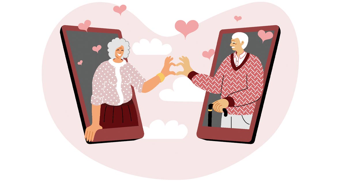 Illustration of two senior lovebirds reaching out toward each other through their smartphones. Conceptual for dating apps.