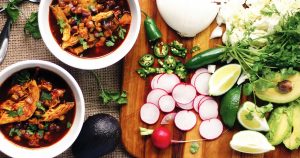 Pozole Rojo and the Magic of Nixtamal pozole recipe: Photo of pozole next to its ingredients