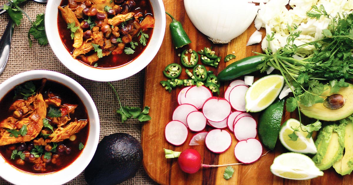 Pozole Rojo and the Magic of Nixtamal pozole recipe: Photo of pozole next to its ingredients
