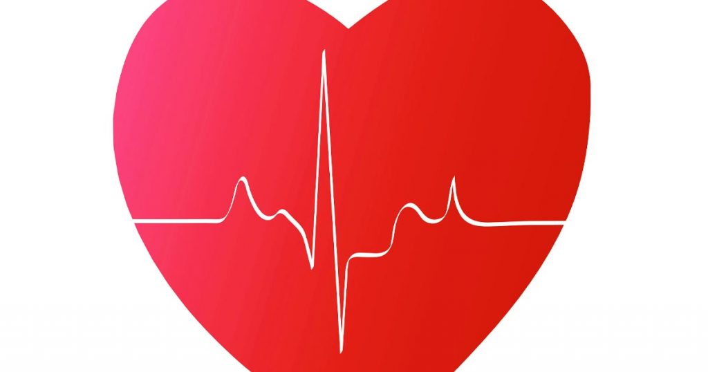 Illustration of a red heart on a white background with white heartbeat line through its center