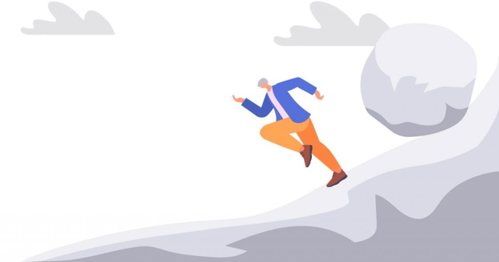 illustration of someone running downhill to escape getting crushed by a giant snowball