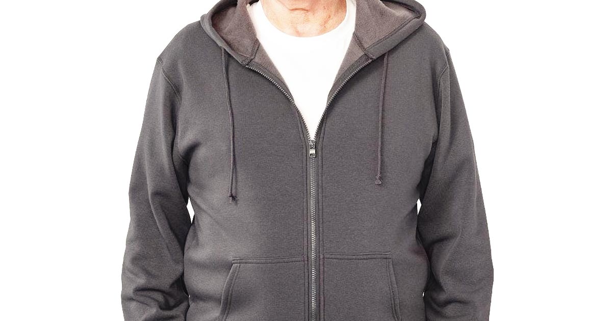 adaptive clothing: gray hooded sweatshirt with a velcro fastener for the zipper.