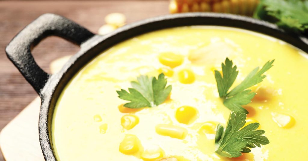 closely cropped photo of a bowl of comfy corn chowder