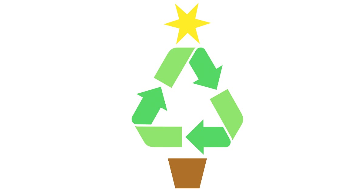 illustration of a green recycling symbol with a star and bucket, to look like a Christmas tree