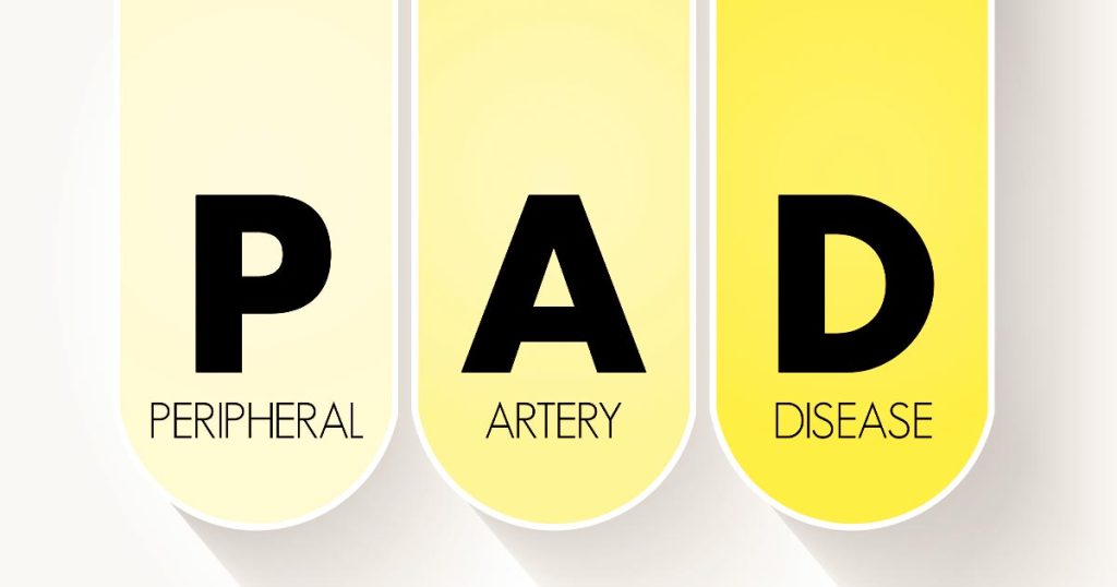 yellow and white illustration spelling PAD, for Perpheral Artery Disease