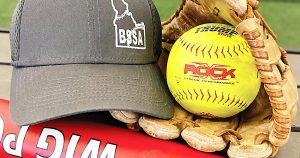 Red bat,, yellow ball and glove, and gray baseball hat with the Idaho Senior Softball Association logo on it.