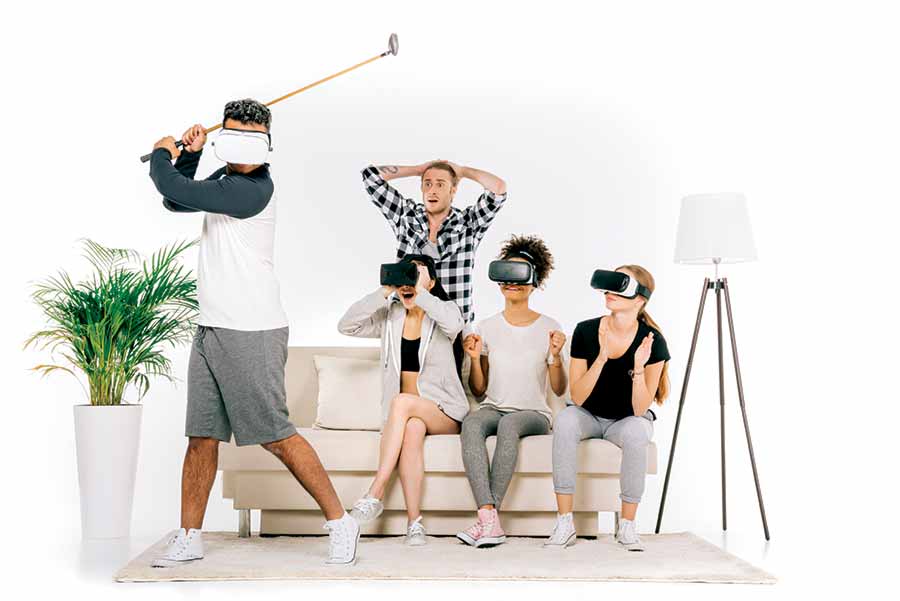 Family playing golf in VR