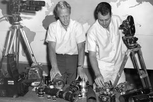 Bruce, left, and Bob inventory their camera equipment.
